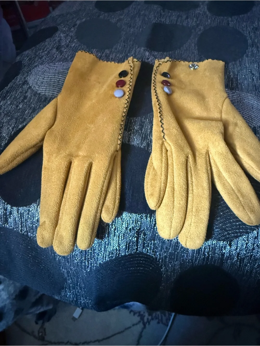 Women's Mustard Suede Gloves with Decorative Button Accents